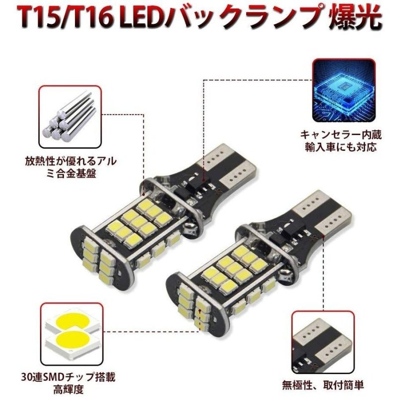 画像2: バックランプ 左右セット ホワイト LED バルブ 後退灯 キャンセラー内蔵 ウェッジ球 30連SMDチップ 爆光 無極性 取付簡単バック球 LEDテールランプ (T15/T16) (2)