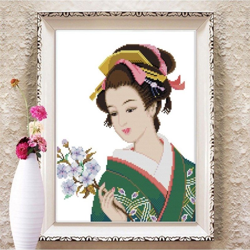 画像1: クロスステッチ 美人2 刺繍キット DIY 初心者 指ぬき 糸通し付き 家庭刺繍装飾品 裁縫 ホームデコレーション芸術 贈り物 創造的装飾 壁アート 芸術品 (1)