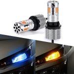 画像1: T20 LED ウィンカーポジション バルブ アンバー ブルー 2色切替 車検対応 スーパーキャンセラー内蔵 ハイフラ防止 抵抗内蔵 ディライト 冷却ファン バイク 12V車 (1)