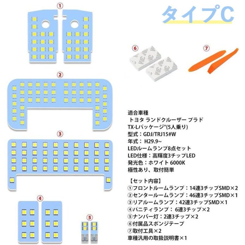 画像10: ランドクルーザー ランクル プラド 150系 LEDルームランプセット TX-L/TZ/TZ-G GDJ GRJ TRJ 前 中 後期 5人乗り 7人乗り ホワイト 6000K 専用パーツ 一年保証 (10)