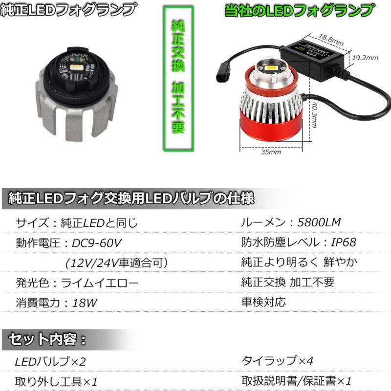 画像2: LED フォグランプ L1B ライムイエロー 車検対応 爆光 5800LM 純正交換 ポン付け ハイエース7型 クラウン220系 カローラツーリング/スポーツ/クロス 50プリウス後期 ハリアー80系 ルーミー 新型 アトレー ステップワゴンRP6.7.8など車種適用 フォグバルブ ファン付き FMノイズ対策 防水仕様 日本語取説付き 保証有り 2個セット (2)
