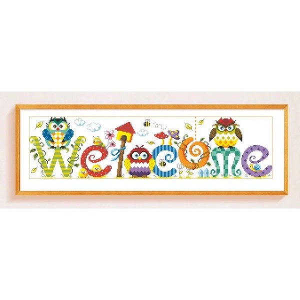 クロスステッチ キット 刺繍キット welcome＆いらっしゃい フクロウ模様 図案印刷 手芸 初心者 簡単 糸 やり方 日本語 玄関 家族幸せ 刺繍 指ぬき 糸通し付き