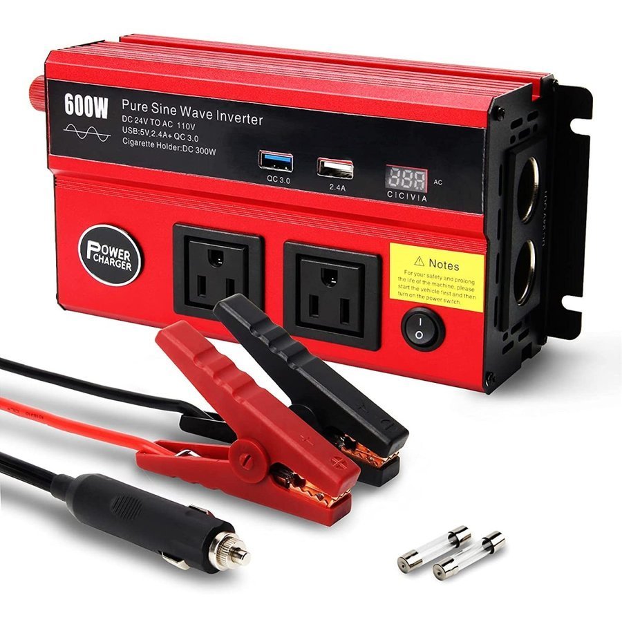 カーインバーター 純正弦波 500W シガーソケット DCAC 12V USB×2 2.1A AC100V-120V×2 コンセント 静音 - 2