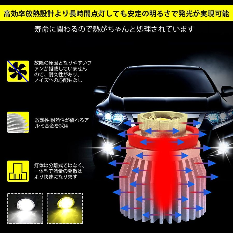 純正LEDフォグ 交換用バルブ トヨタ イエロー ホワイト 2色切替 3000K 6500K 2800lm 車検対応 ファンレス ノイズ対策 完全防水  純正2倍以上明るさ 1年保証