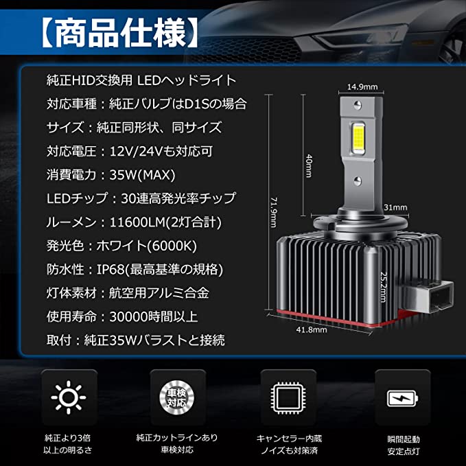 D1S LED ヘッドライト D1 LEDバルブ ホワイト 12V/24V 6000K 2個セット