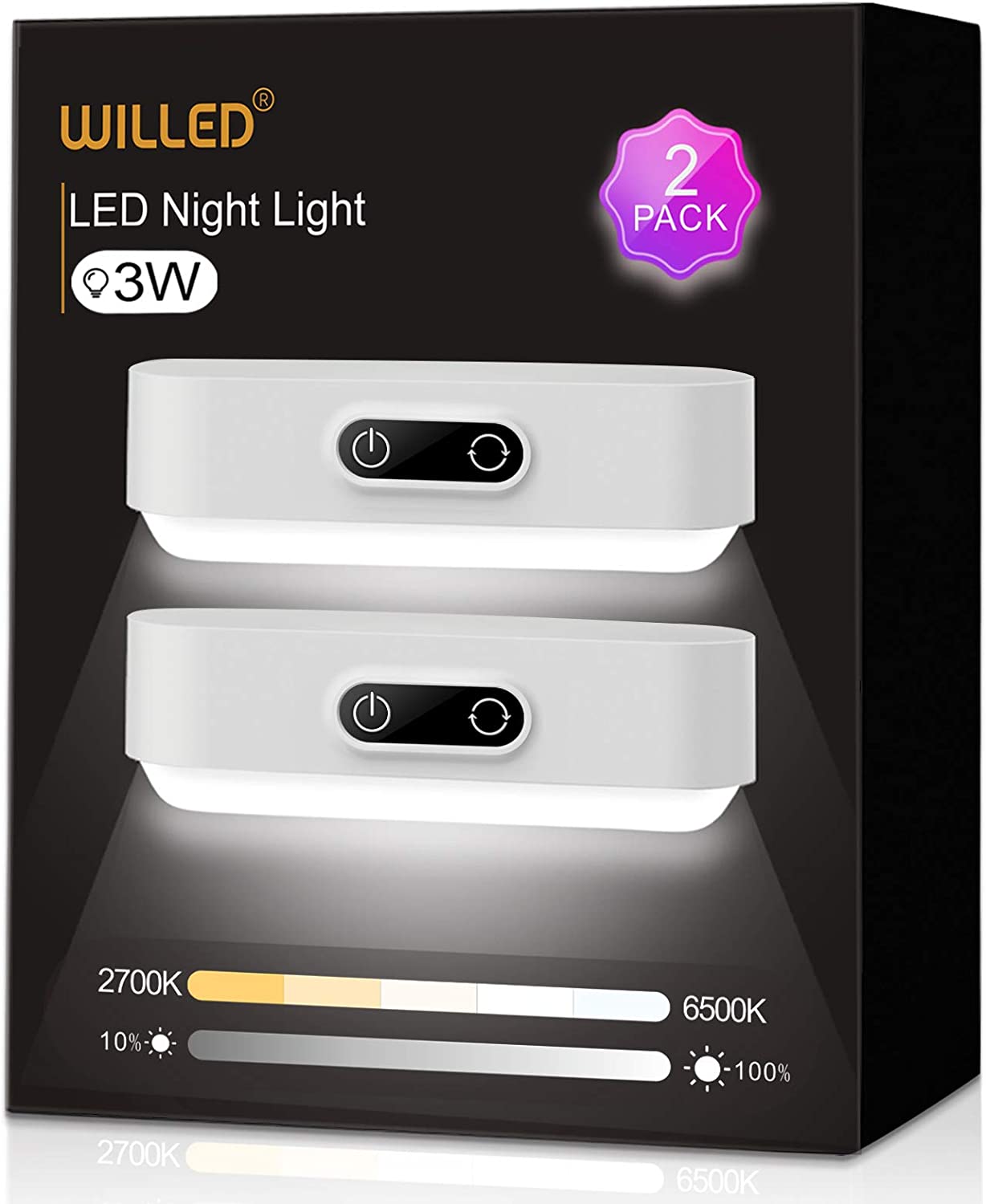 画像1: WILLED アップグレード版 3W タッチランプ 5色調光可能 2000mAh 充電式バッテリー マグネット クローゼット キャビネット 寝室 壁 読書ランプ LED色温 2700K-6500K 2個入り (1)