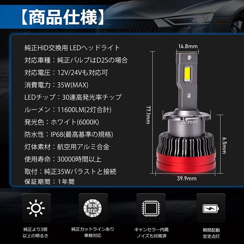 OPPLIGHT最新型」 D2S LED バルブ LEDヘッドライト 車検対応 ポン付け HIDをLED化 12V/24V 輸入車 国産車対応 35W  11600LM ホワイト 角度調整可 キャンセラー内蔵 ノイズ対策 HIDバルブを超えた明るさ 純正HIDバラストと接続 コンパクト  狭い場所でも装着可 取説付き 2本 ...