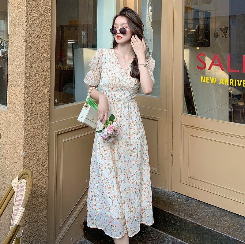 花柄vネックワンピース 花柄 上品 春夏 ガーリー デート レストラン 挨拶 きれいめ 清楚 かわいい 半袖 ミディアム丈 ロングワンピ レディース ロング オシャレ 通勤 結婚式 お出かけ 大人 代 30代 キュート 三四郎市場