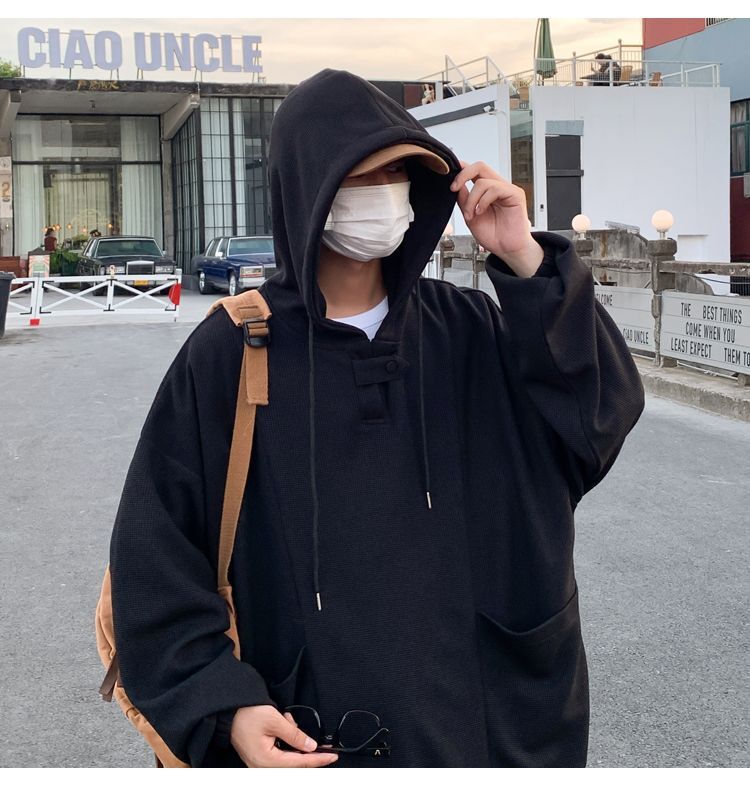 パーカー プルオーバー フード付き ワッフル 学生 若者 ゆったり 大きいサイズ トップス 韓国 原宿 気分変える おしゃれ オシャレ お洒落 個性的 個性派 動きやすい ゆったり 個性 ファッション トレンド 流行 メンズ メンズファッション シンプル ブルー ブラック
