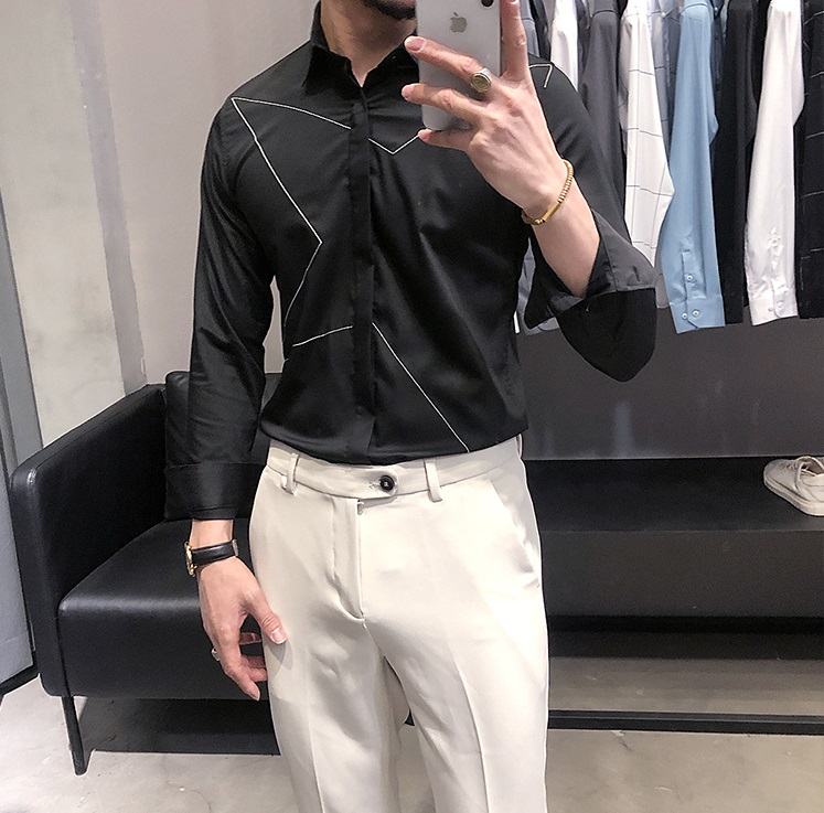 ワイシャツ 刺繍シャツ 長袖 ビジネスウェア 普段着 部屋着 着心地抜群 韓国 原宿 気分変える おしゃれ オシャレ お洒落 個性的 個性派 動きやすい ゆったり 個性 ファッション トレンド 流行 メンズ メンズファッション ブラック ホワイト 三四郎市場