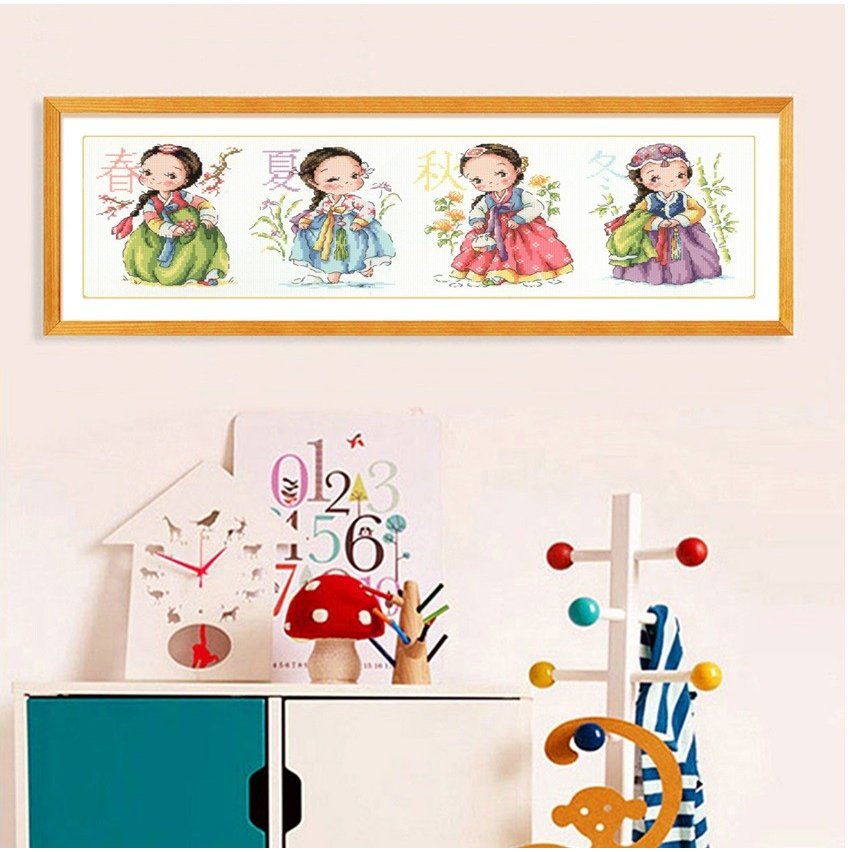 クロスステッチ 刺繍キット 初心者 DIY 四季の女の子 子供 初心者 簡単 刺繍 図案印刷 送料無料 指ぬき 糸通し付き